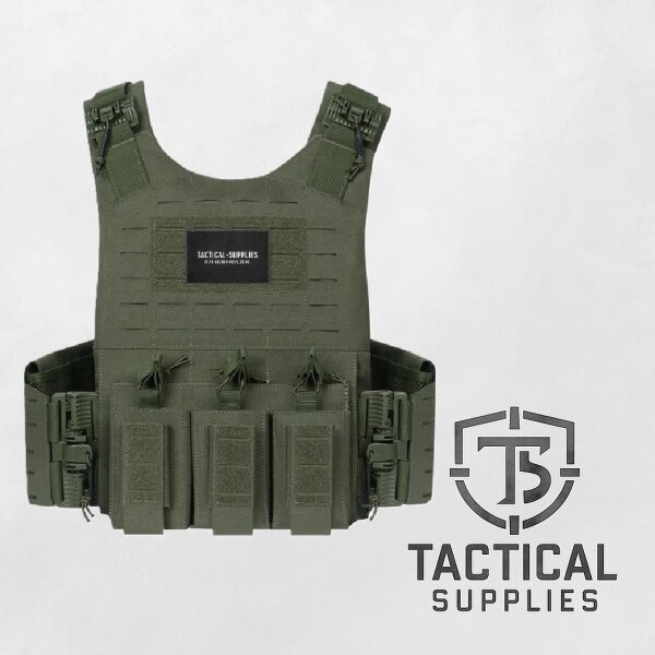 Taktische Weste Laser-Cut MOLLE | Plate Carrier mit Schnellverschluss & 5.56 / 9 mm Magazintasche Oliv