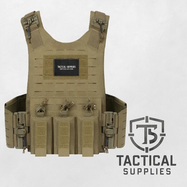 Taktische Weste Laser-Cut MOLLE | Plate Carrier mit Schnellverschluss & 5.56 / 9 mm Magazintasche Sand