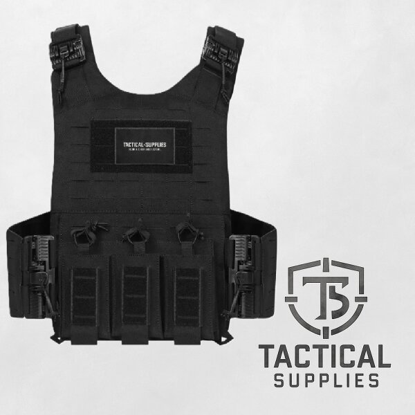 Taktische Weste Laser-Cut MOLLE | Plate Carrier mit Schnellverschluss & 5.56 / 9 mm Magazintasche Schwarz